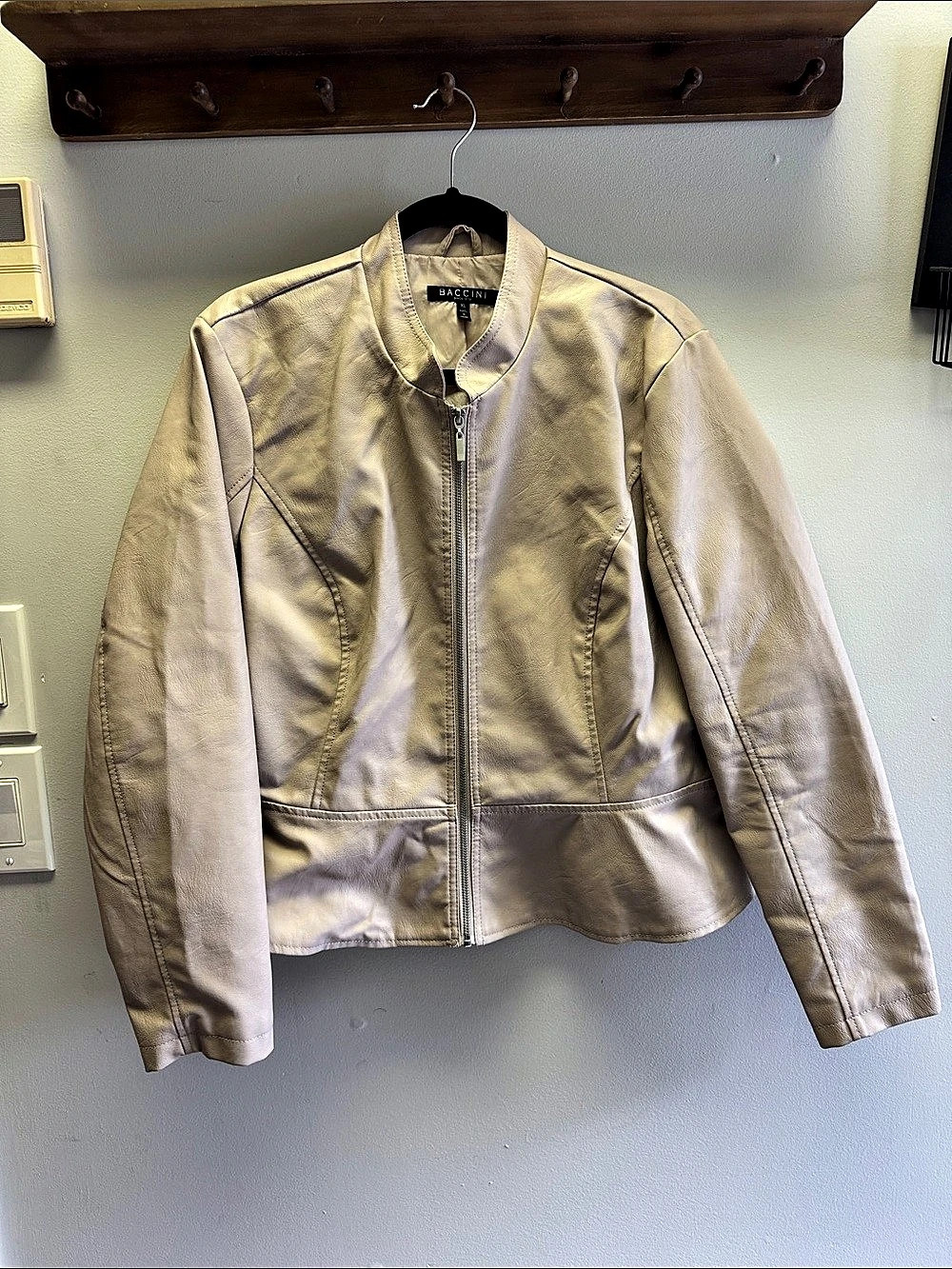 Baccini Peplum Feux Leather Moto Jacket in Cream XL